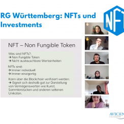 Zoom Gruppenbild der RG Württemberg und eine Folie aus der Präsentation zum Thema NFT.